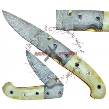 BONE COLLECTOR FOLDING DAMASCUS KNIFE WITH LEATHER SHEATH